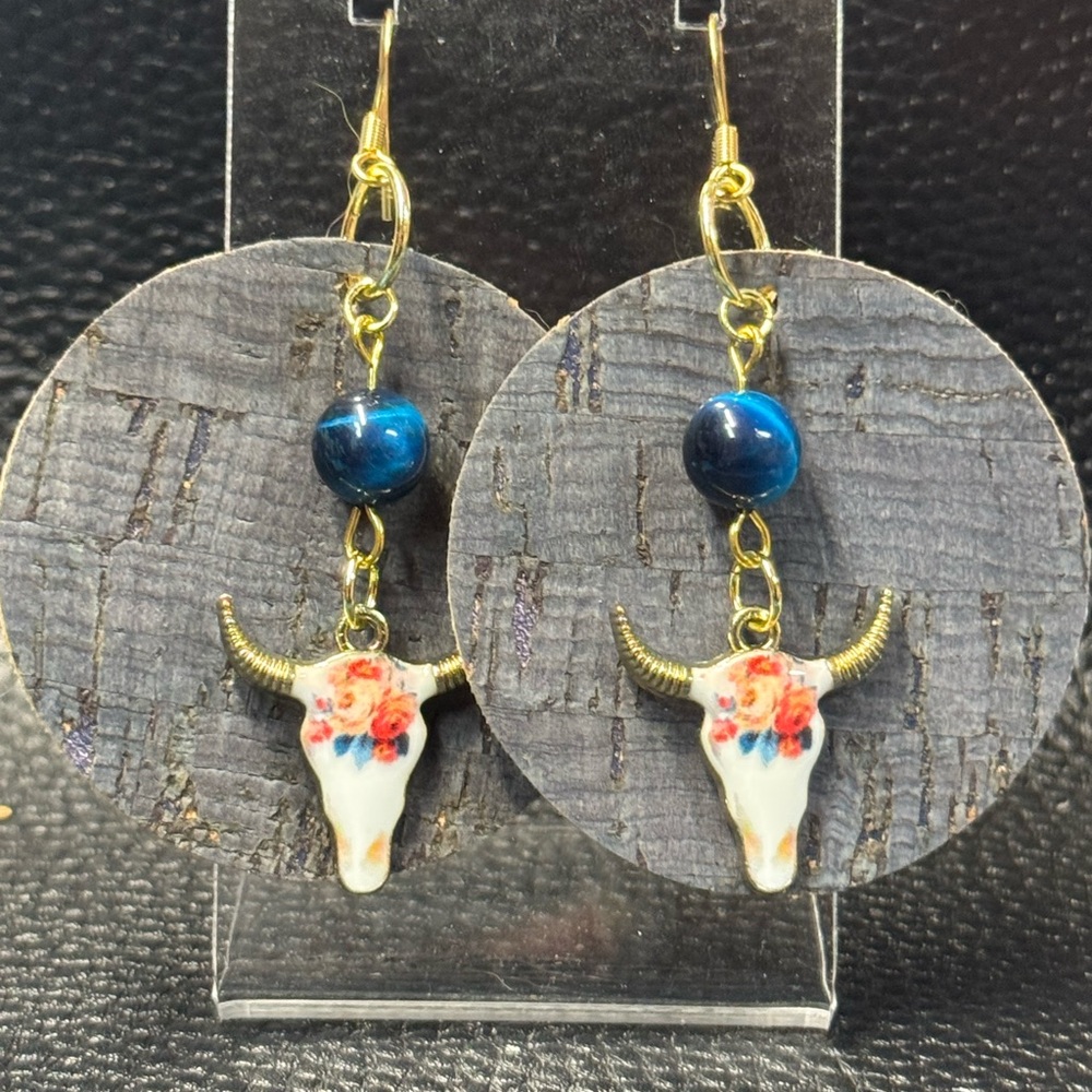 Boho Floral Bull Skull Earrings with Blue Tigereye Beads